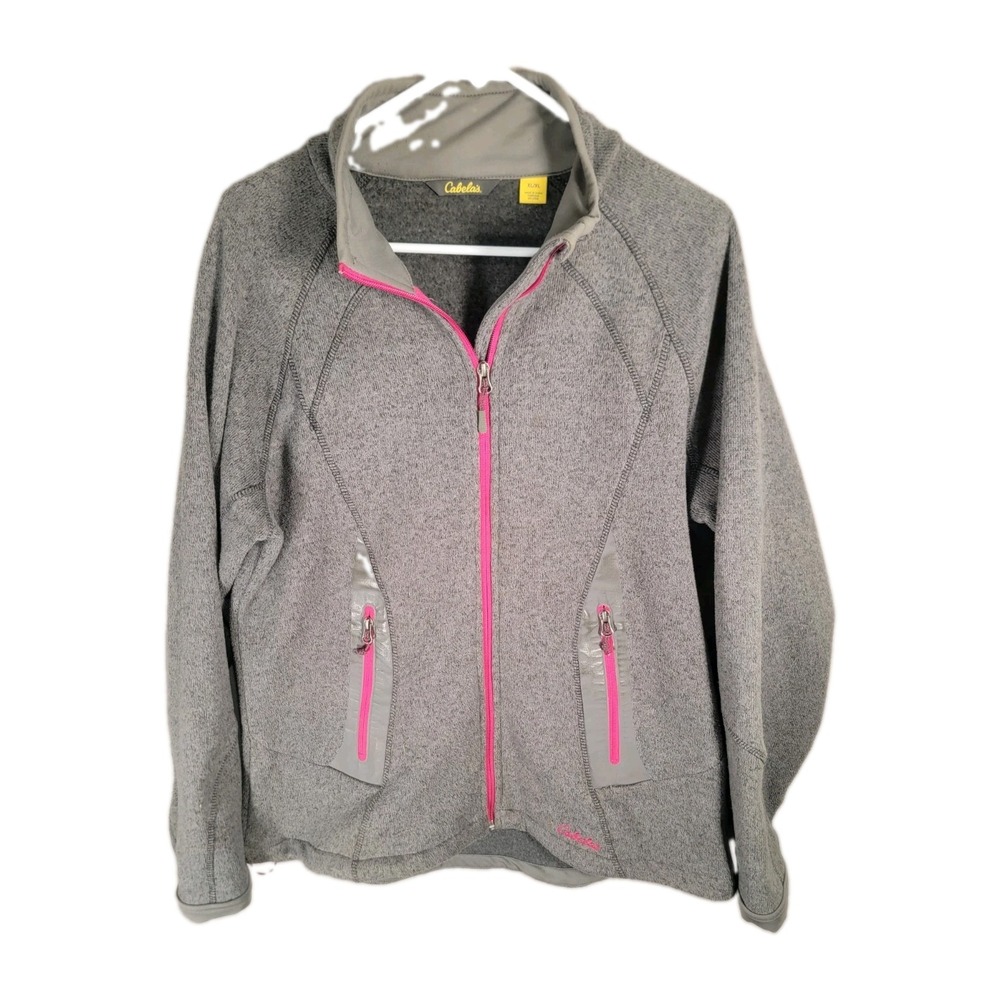 Cabelas Womens XL Fleece Jacket Sweater Knit Full Zip Gray Pink Gorpcore Hiking